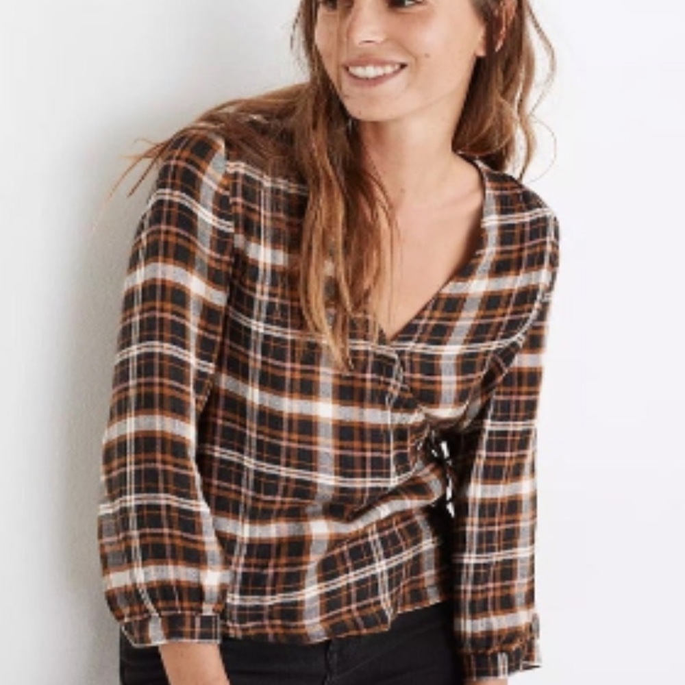 Madewell Checkered V-Neck Blouse - Black, Brown, White